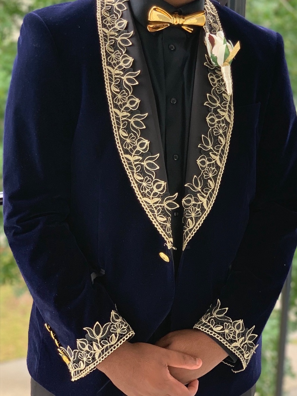 Men's Navy Velvet Blazer with Gold Embroidered Trim